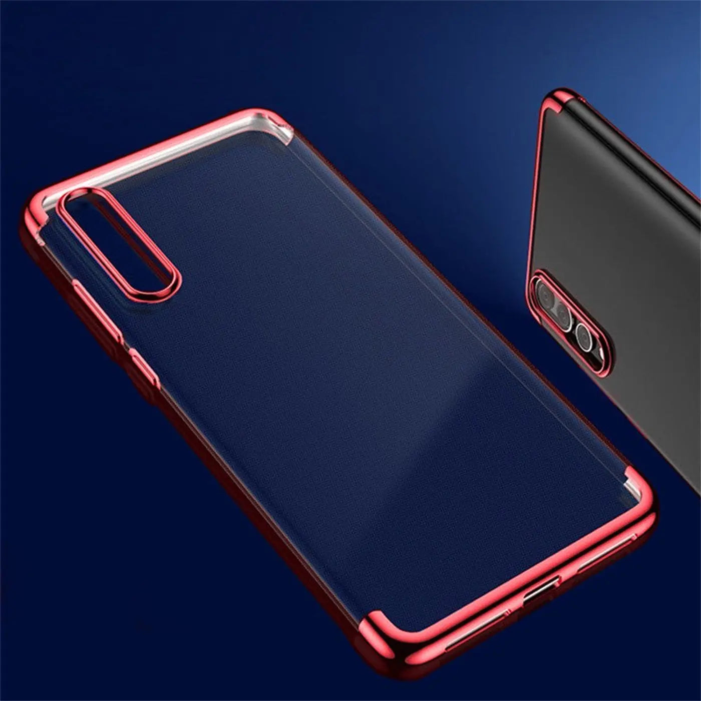 Transparente Hülle mit rotem Rand für Huawei P20, von oben links, aus Kunststoff.