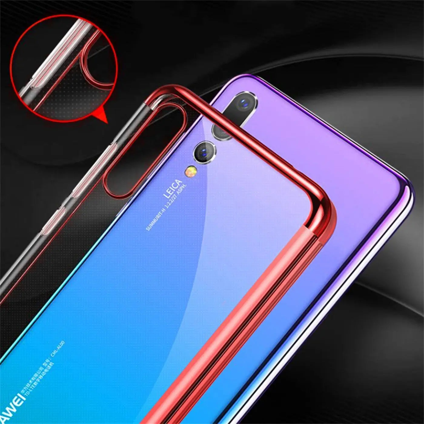 Huawei P20 mit roter Hülle, klare Rückseite, Nahaufnahme, von oben links