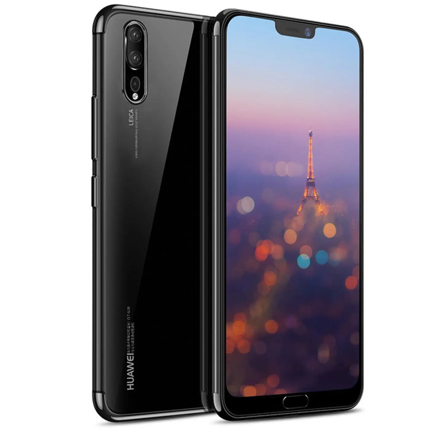 Huawei P20 in schwarzer Hülle, von vorne und hinten, klare Rückseite, schwarzer Rand