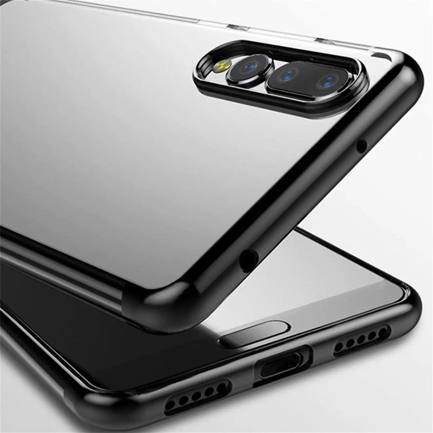 Huawei P20 Hülle, transparent mit schwarzem Rand, von schräg oben, aus Kunststoff