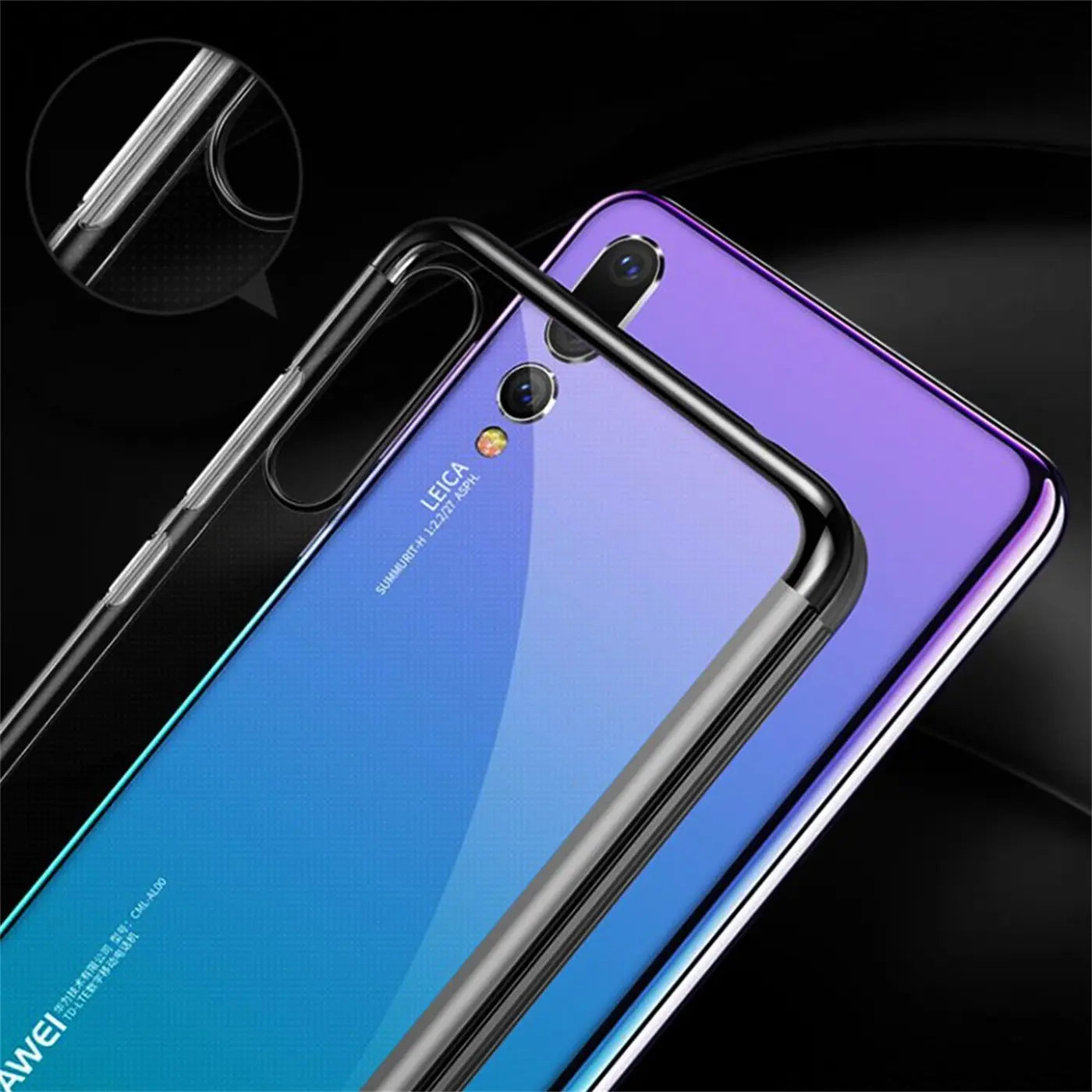 Huawei P20 mit transparenter Hülle, silberner Rand, von oben rechts gesehen.