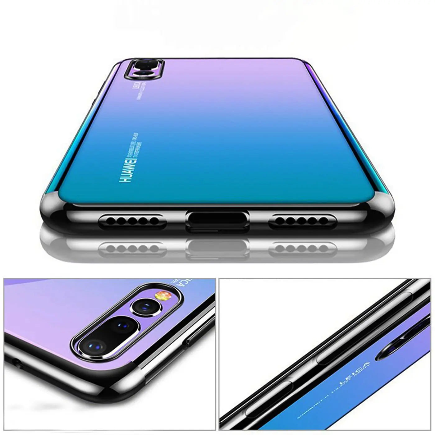 Huawei P20 Hülle, transparent, lila-blau, von unten/seitlich betrachtet