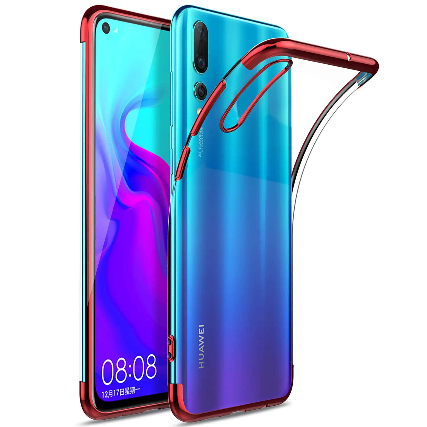 Huawei P30 mit roter Hülle, klare Rückseite, von vorne/seitlich