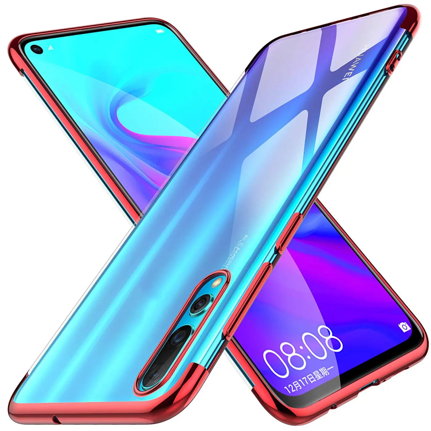 Huawei P30 Hülle, rot/klar, transparent, von vorne/oben, mit Kameraaussparung