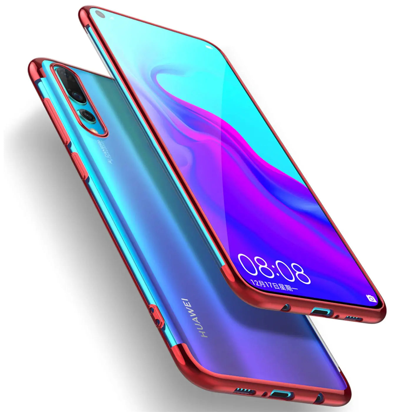 Huawei P30 mit roter Hülle, klare Rückseite, von schräg oben fotografiert.