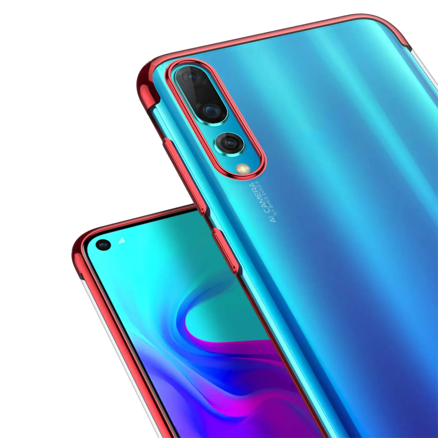 Huawei P30 mit roter Hülle, klare Rückseite, von schräg oben.