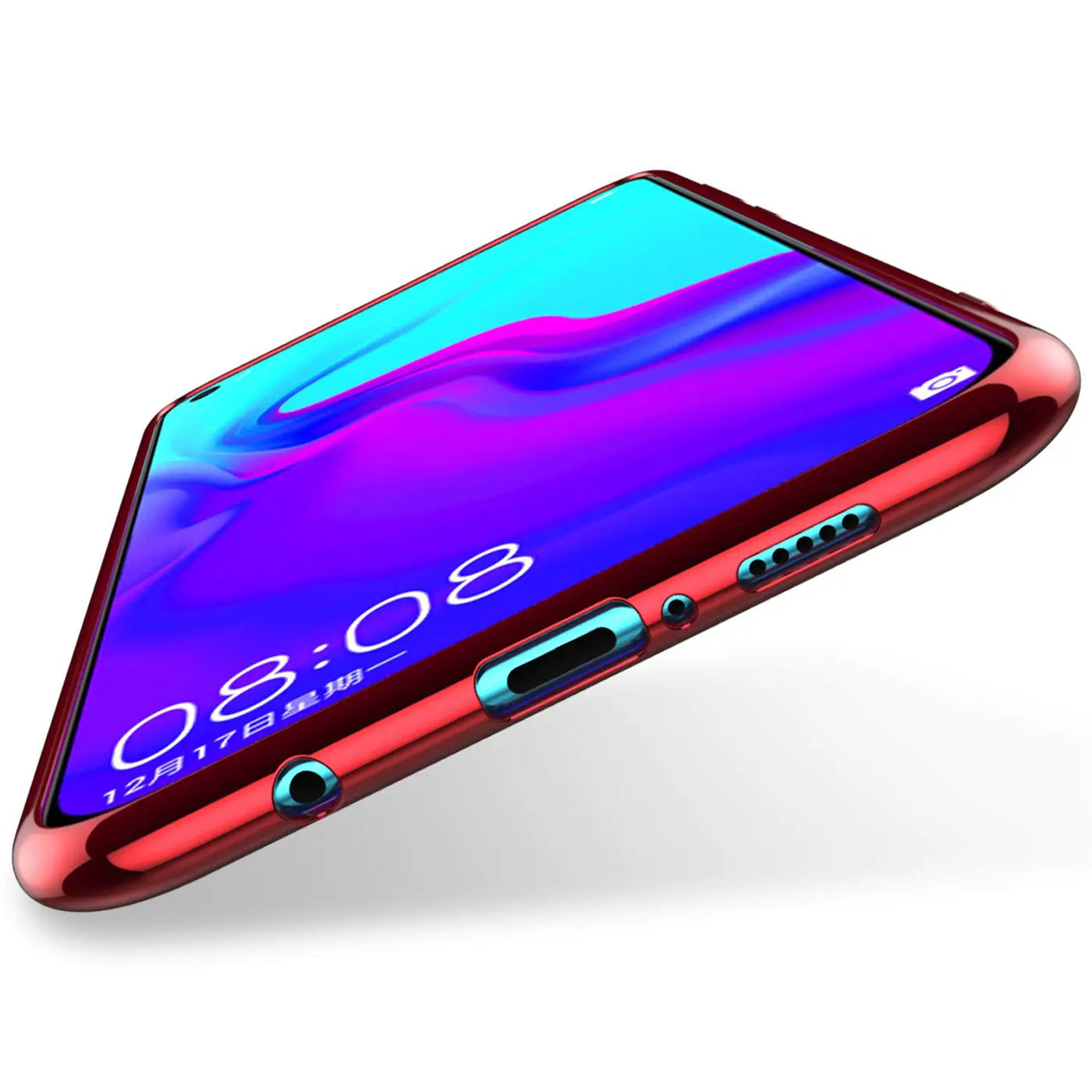 Rote Hülle mit Farbrand, glänzendes Material, von schräg oben, zeigt Huawei P30.