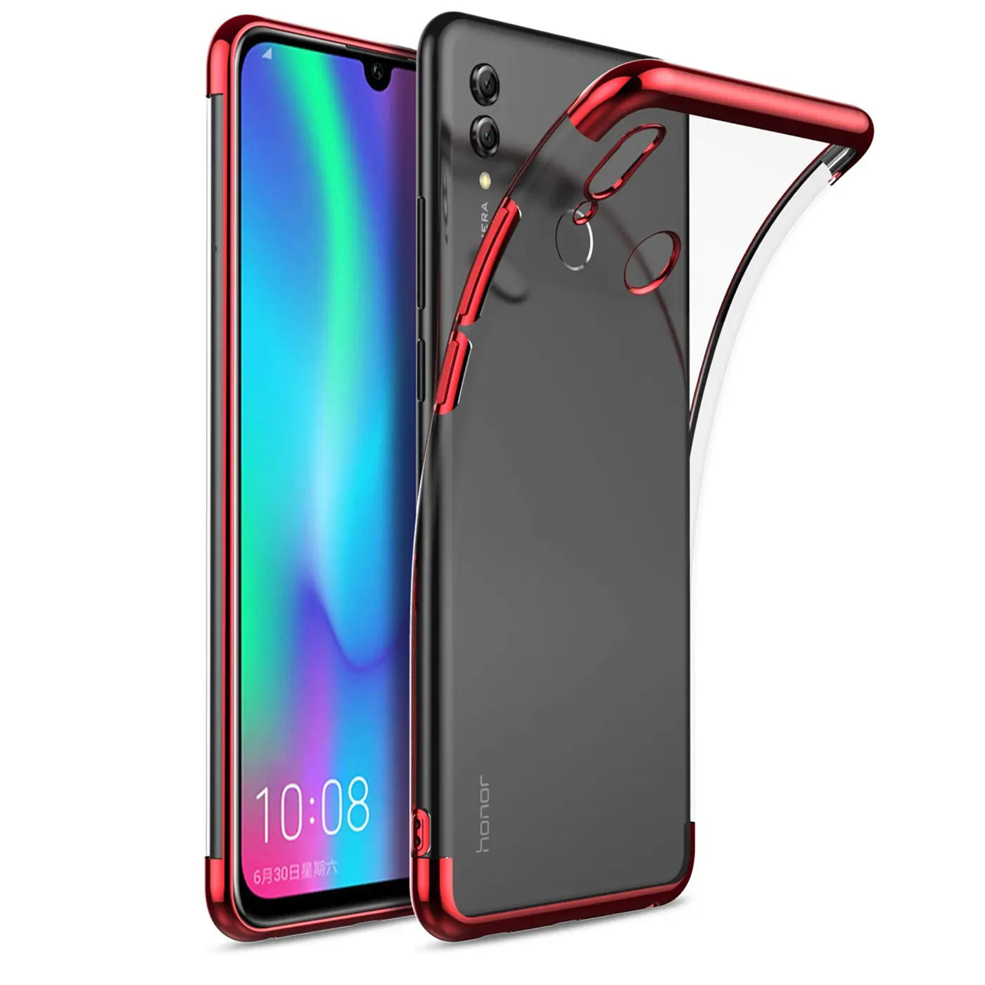 Huawei P Smart 2019 mit roter Hülle, klare Rückseite, von vorne links