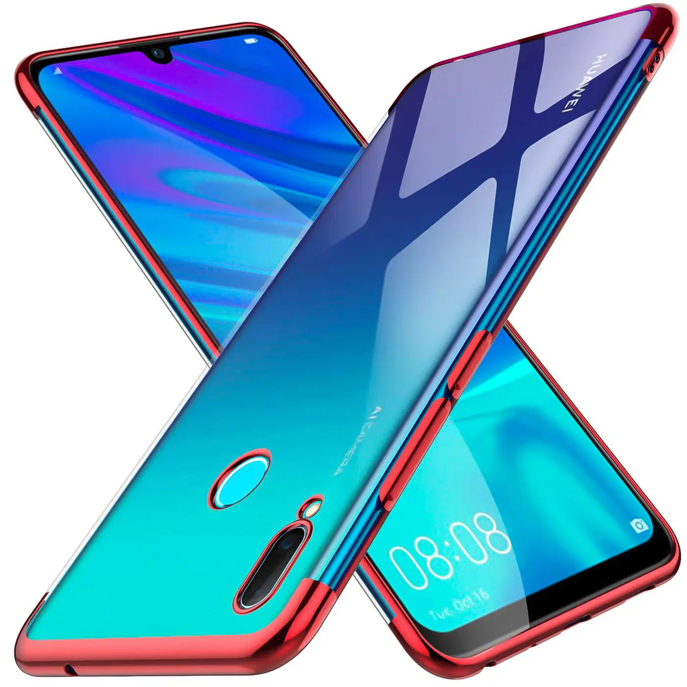 Zwei Huawei P Smart 2019 mit roten Rändern, klare Hülle, schräg