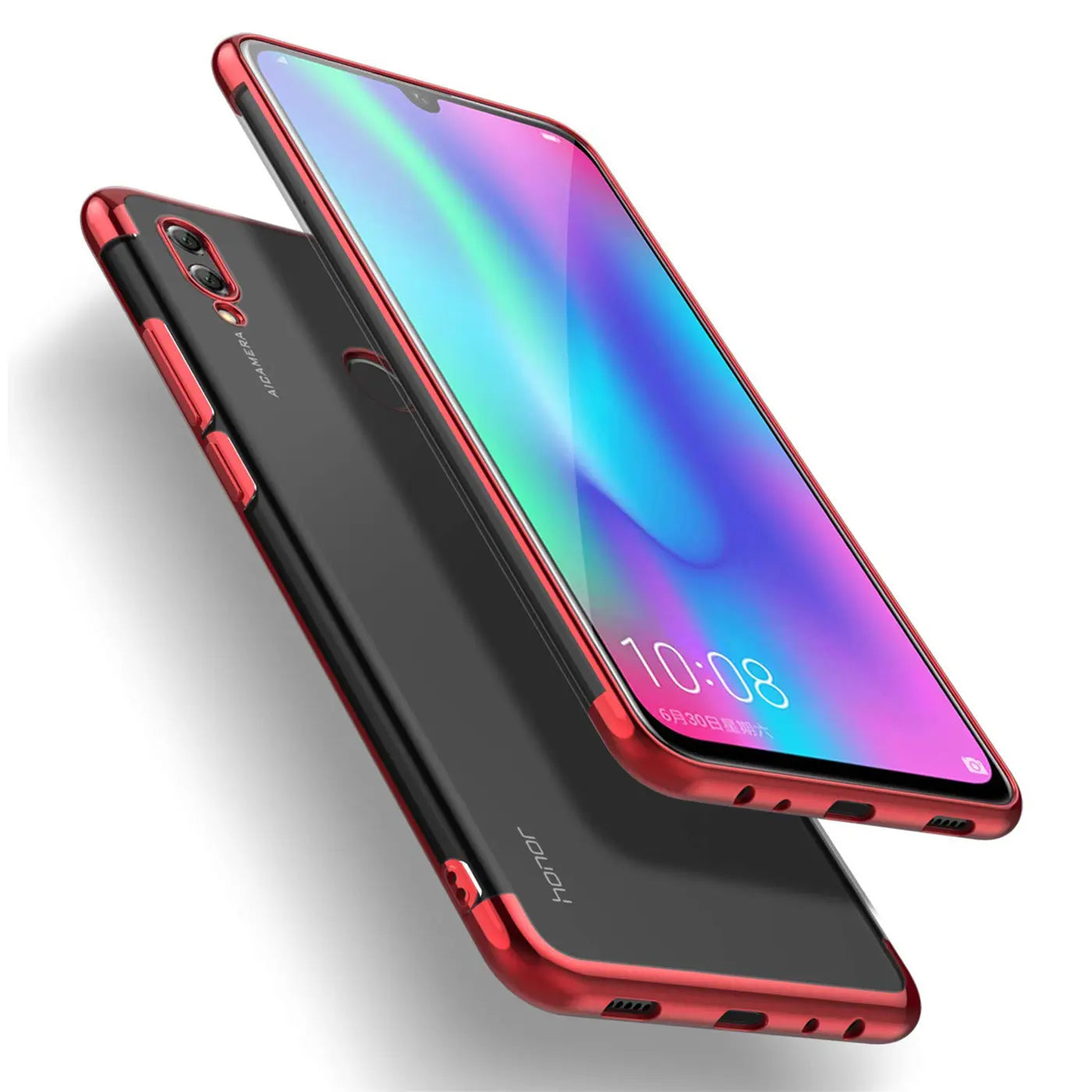 Huawei P Smart 2019 in roter Hülle, klare Rückseite, von schräg oben.