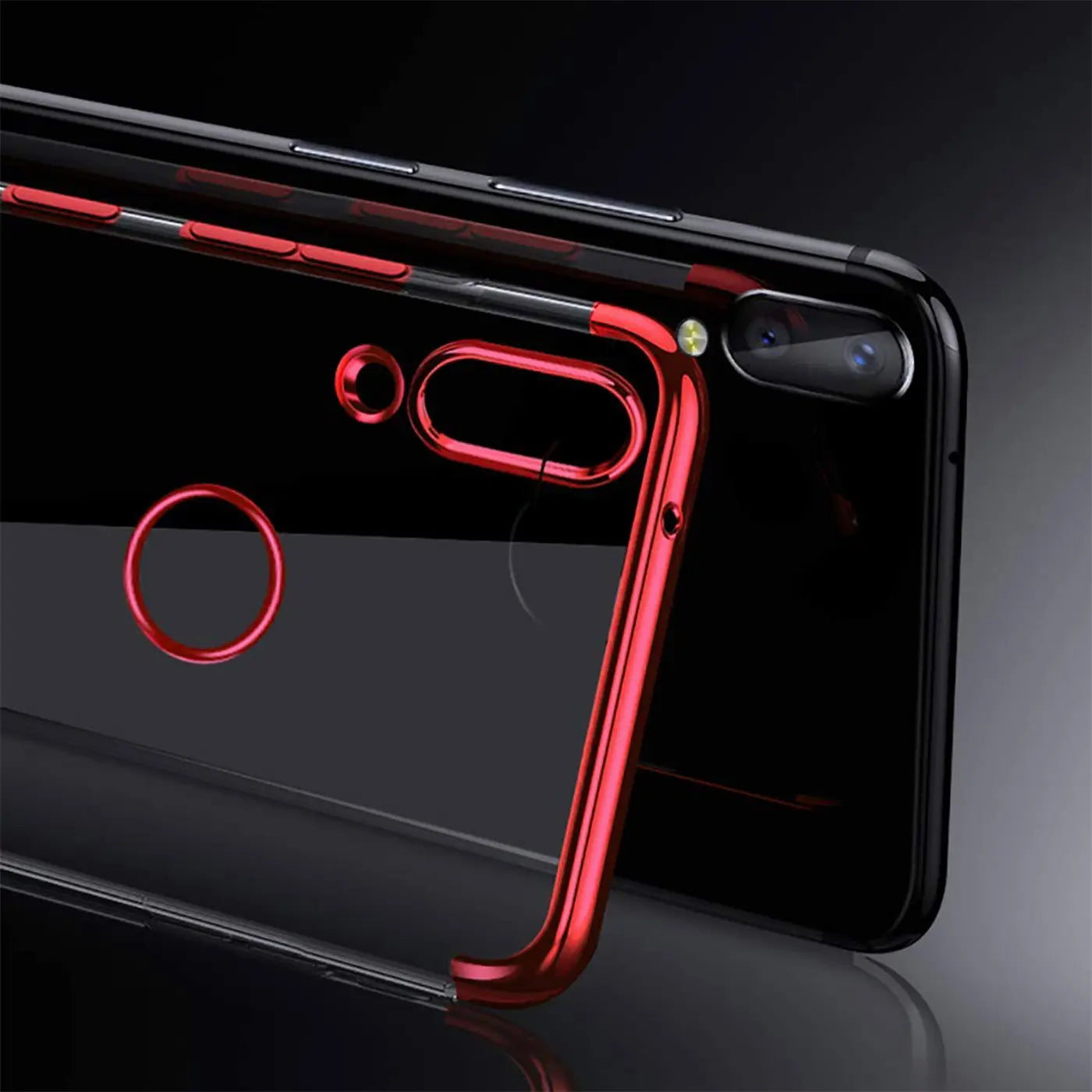 Rote Hülle mit klarem Rückenteil, Metallrand, Rückansicht, Huawei P Smart 2019.
