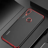 Transparente Handyhülle für Huawei P Smart 2019 mit farblichen Akzenten in Schwarz, Rot, Blau oder Roségold.