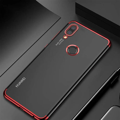 Transparente Handyhülle für Huawei P Smart 2019 mit farblichen Akzenten in Schwarz, Rot, Blau oder Roségold.