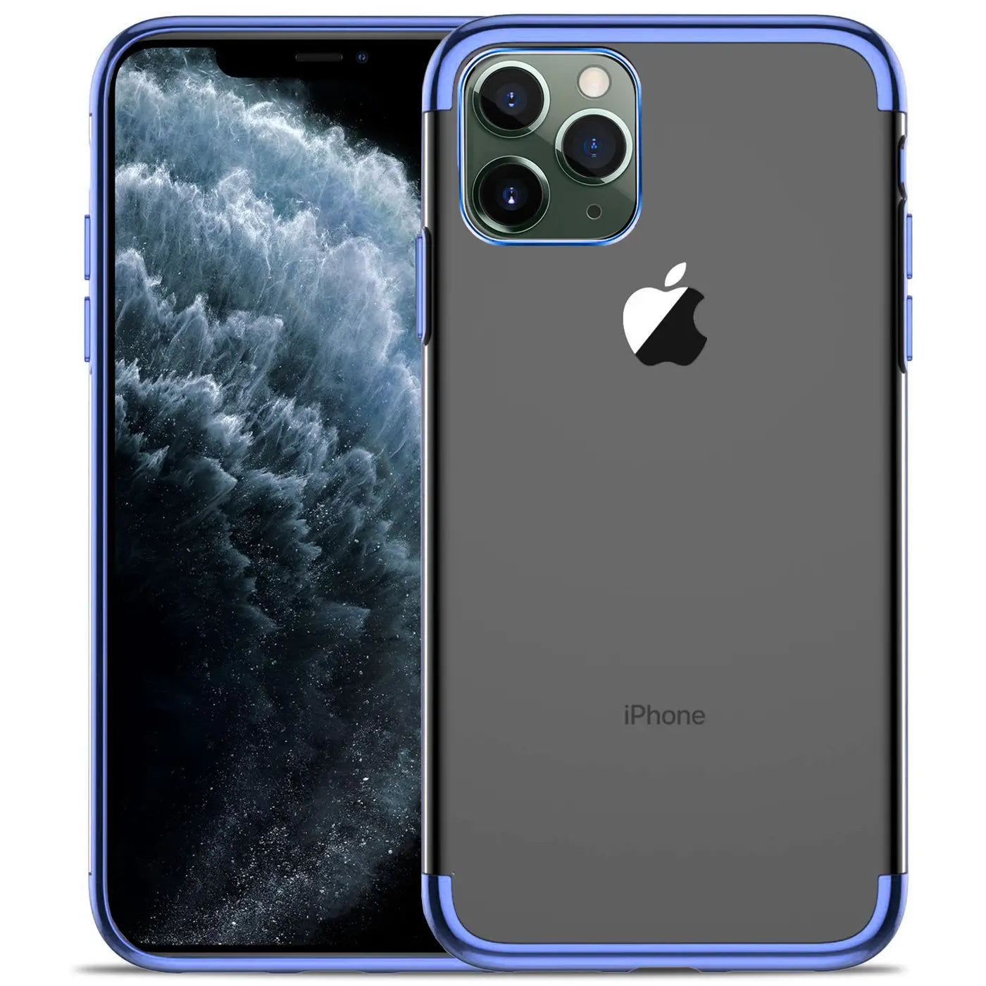 iPhone 11 Pro mit transparenter Hülle, blauer Rand, von hinten betrachtet.