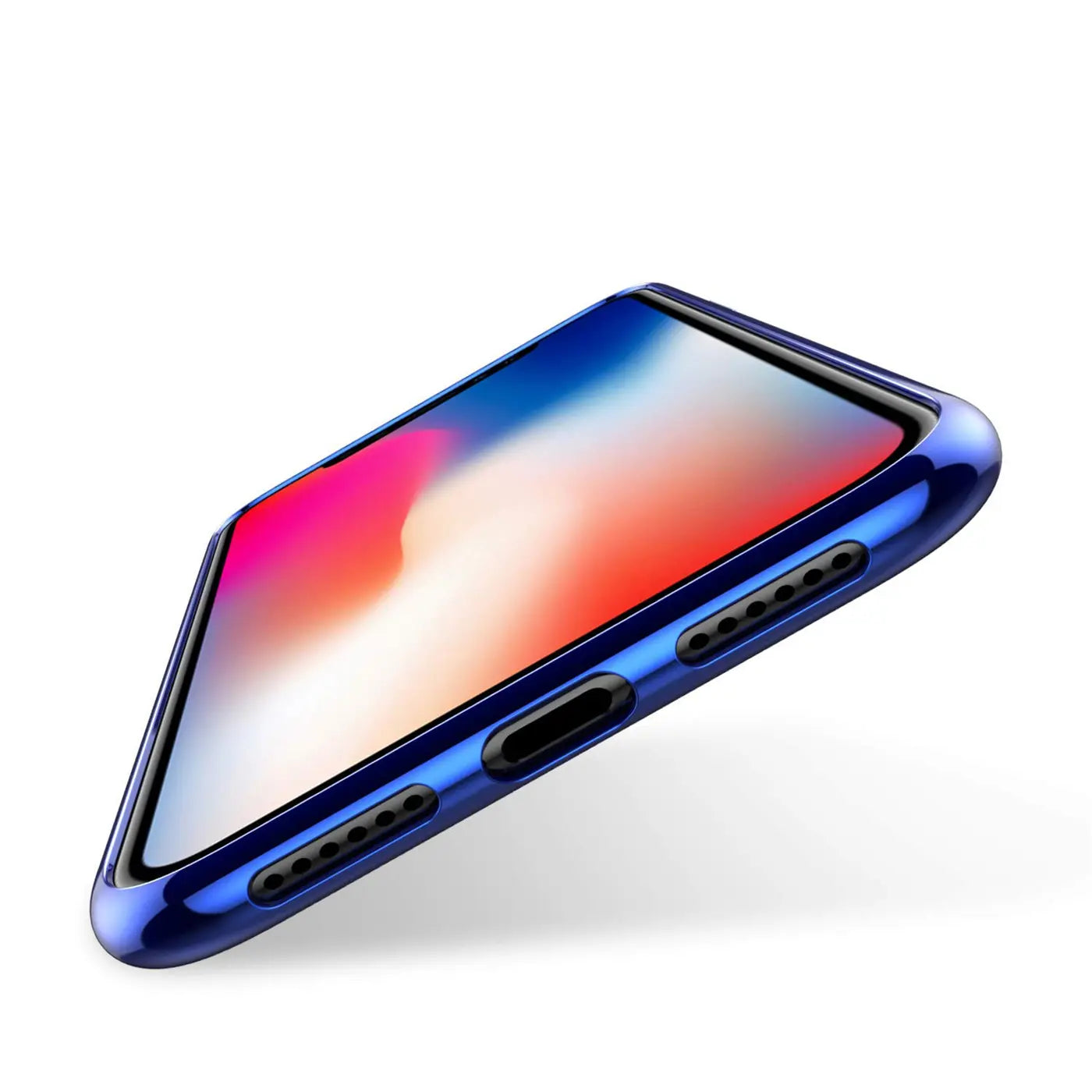 iPhone 11 Pro Hülle, blau, transparent, von schräg oben, mit sichtbarem Gerät
