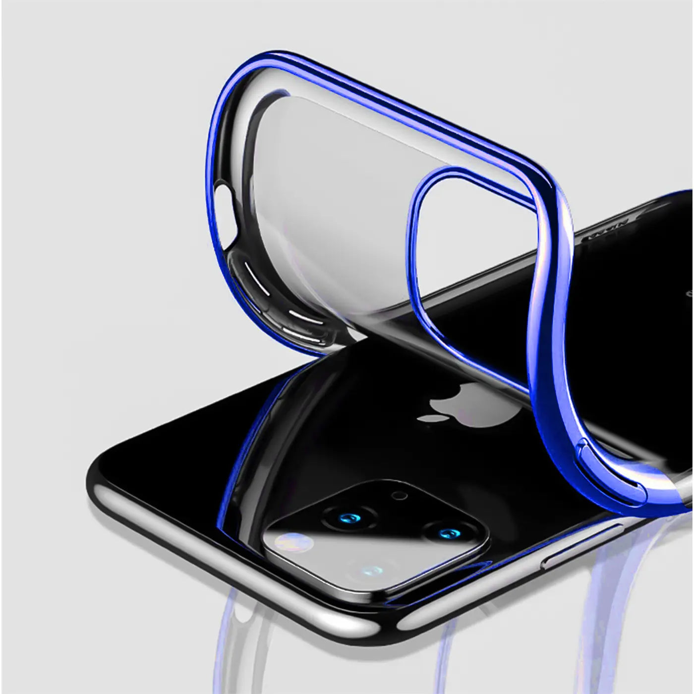 iPhone 11 Pro Hülle, transparent mit blauem Rand, Nahaufnahme von oben