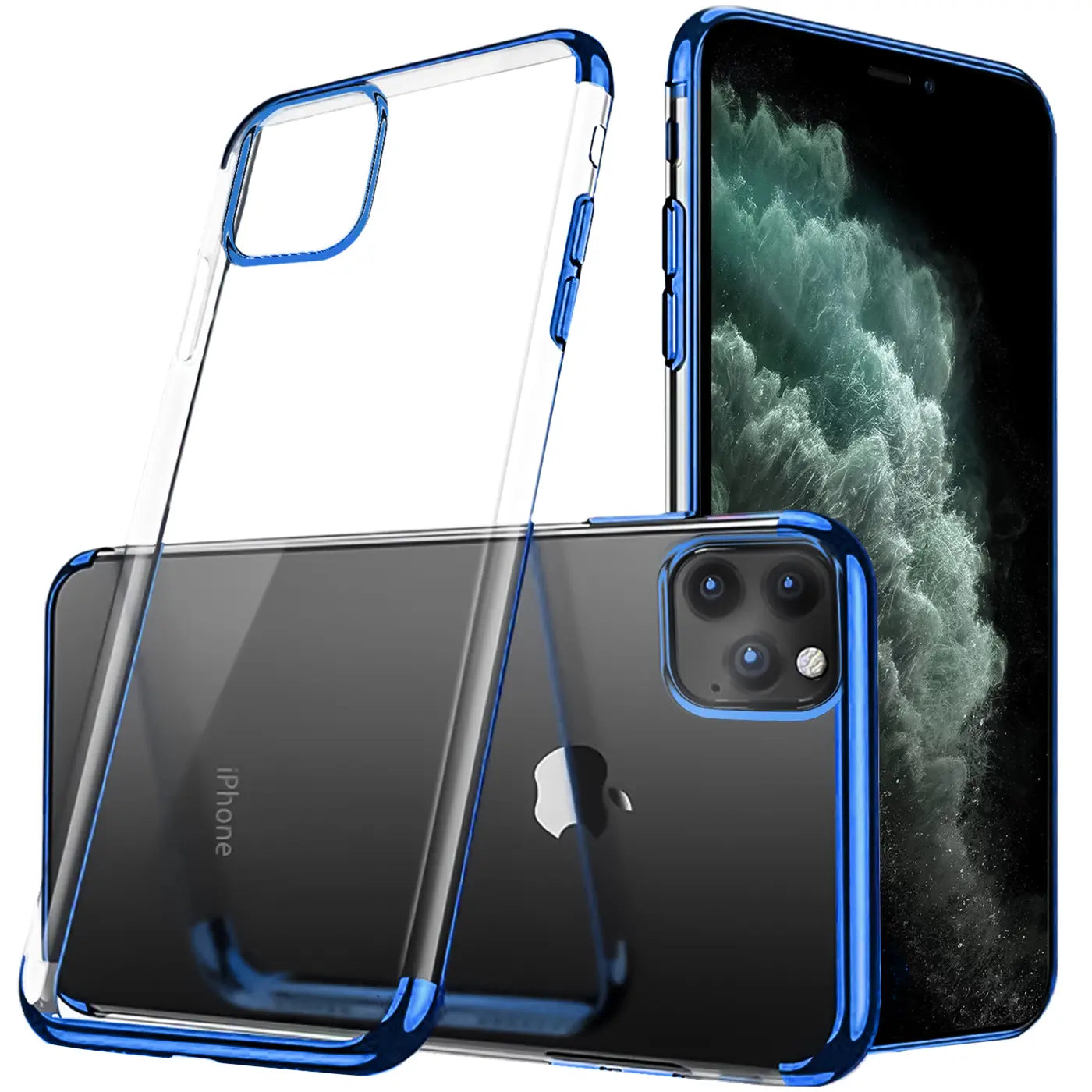 Transparente Hülle mit blauem Rand für iPhone 11 Pro Max, von vorne/seitlich