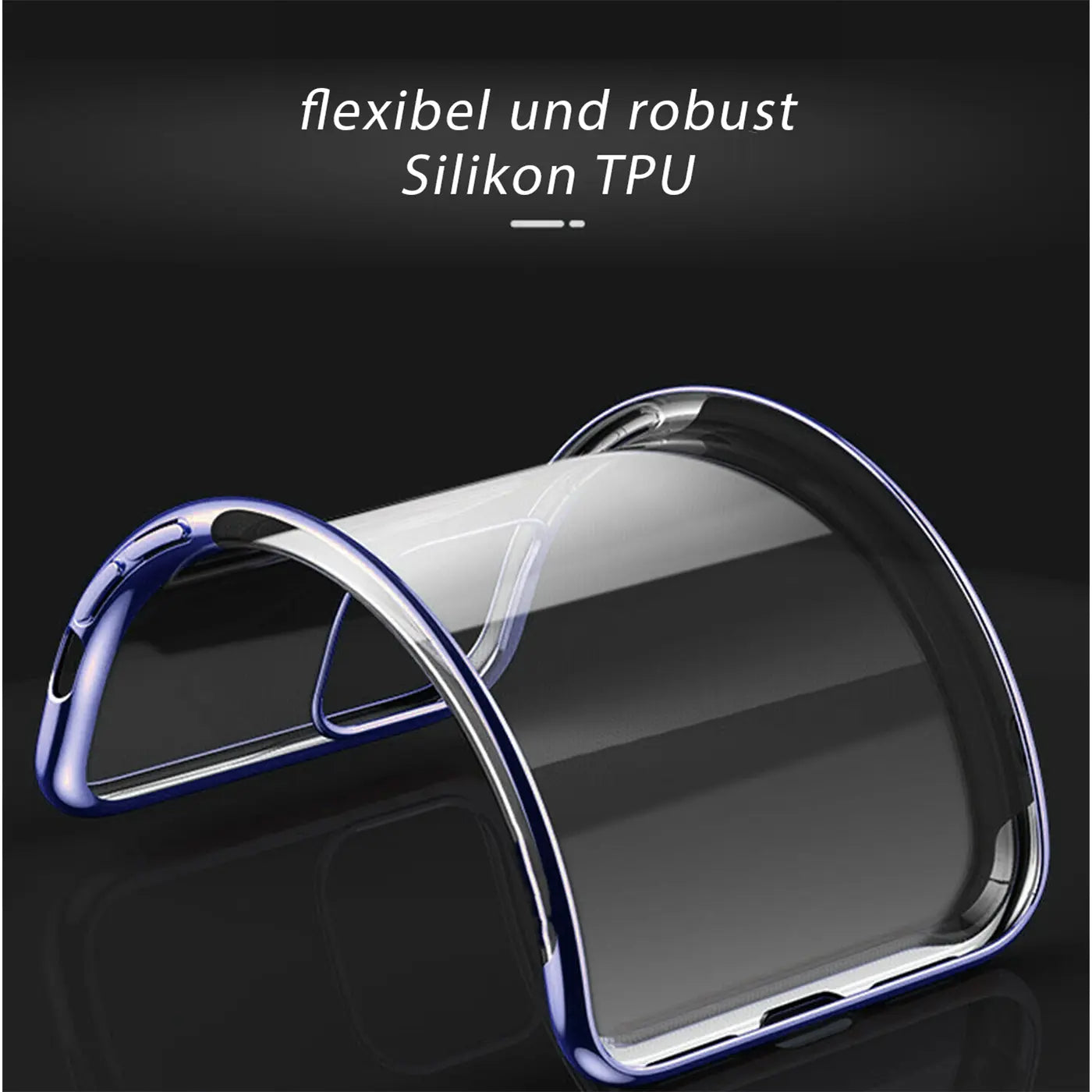 Klare Silikon-TPU-Hülle mit blauem Rand, von vorne unten links gesehen.