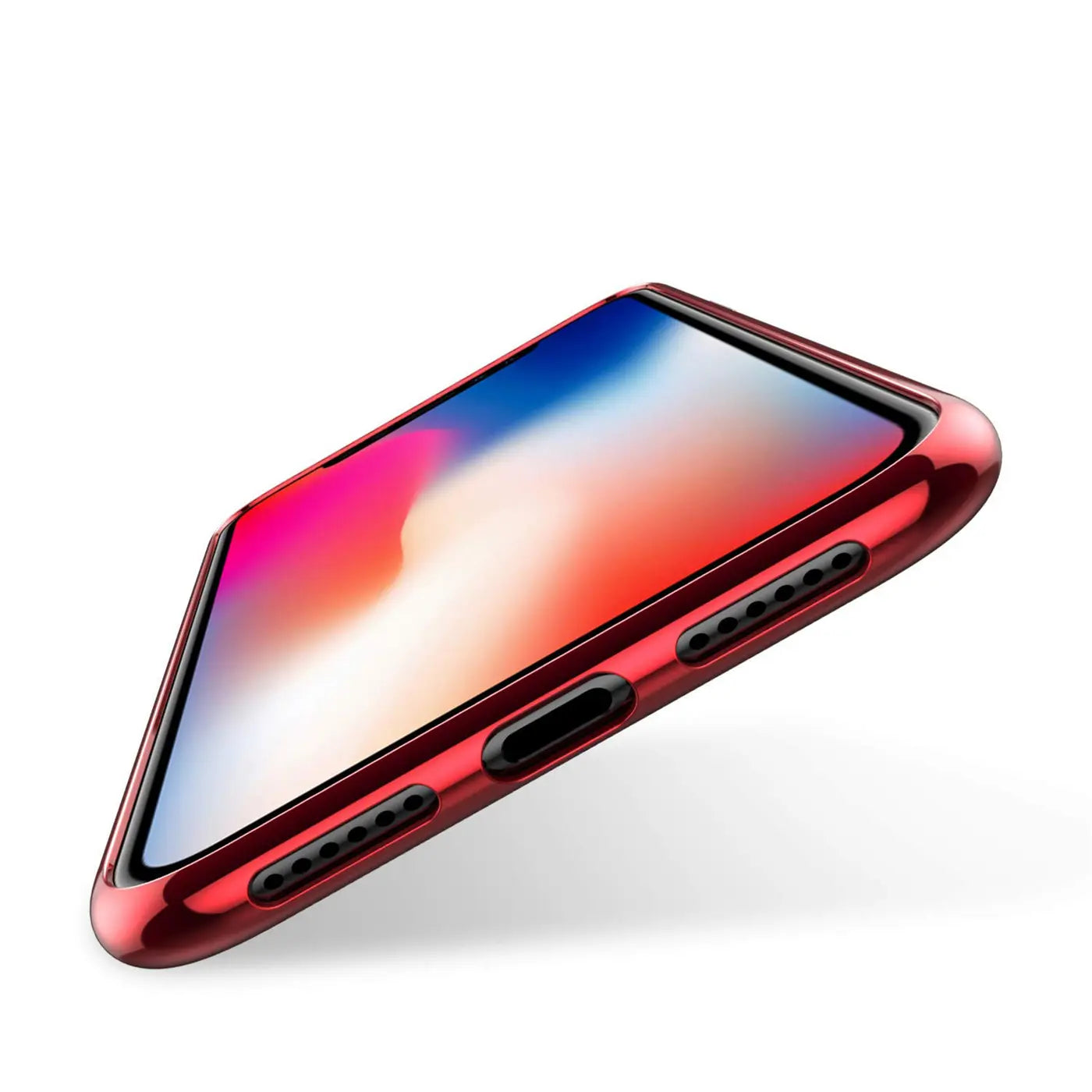 Rote Hülle mit transparentem Rückenteil, schräg von oben auf ein iPhone 11 Pro Max gelegt.