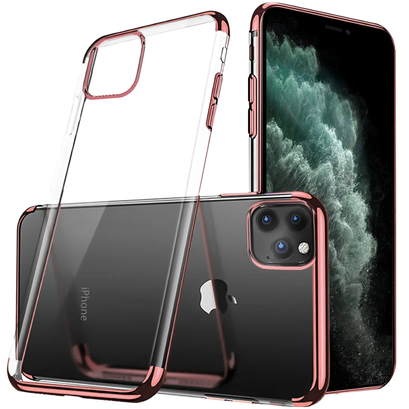 Transparente Hülle mit roségoldenem Rand für iPhone 11 Pro, von vorne/schräg