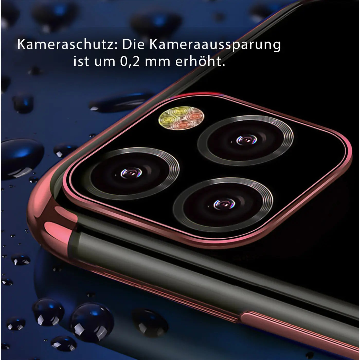 iPhone 11 Pro mit roségoldenem Rand, klare Hülle, Nahaufnahme der Rückseite, Kamerasystem.