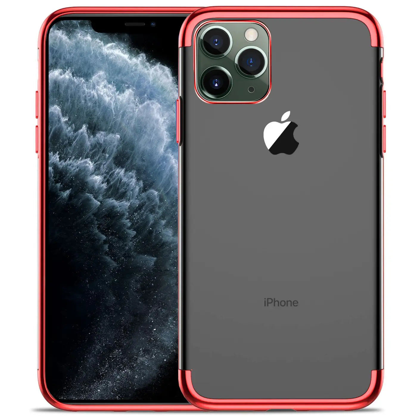 iPhone 11 Pro mit roter Hülle, klare Rückseite, Metallrand, von vorne und hinten gezeigt.