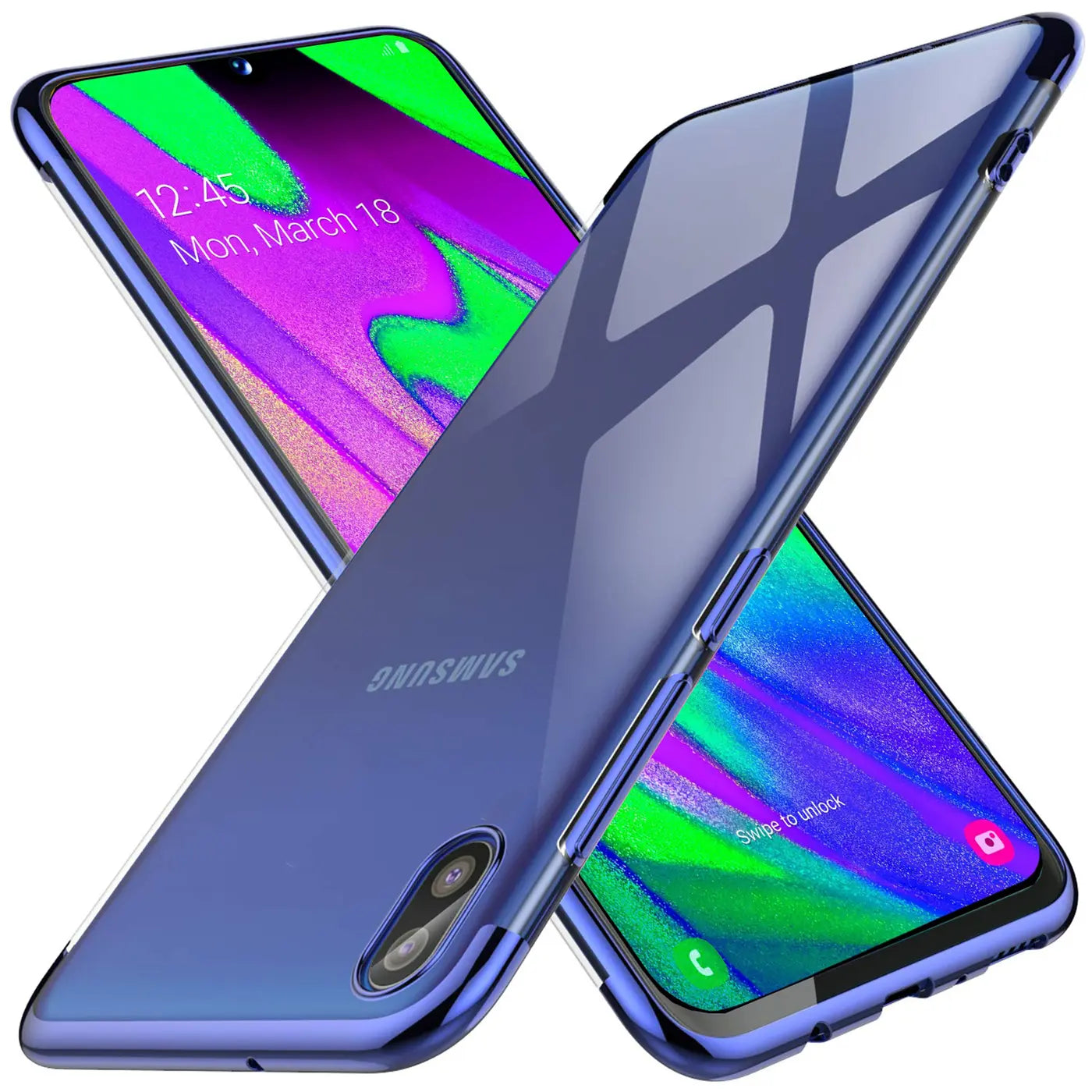 Blaue Hülle aus Kunststoff mit farbigem Rand, schräg von oben, zeigt Samsung Galaxy A10.