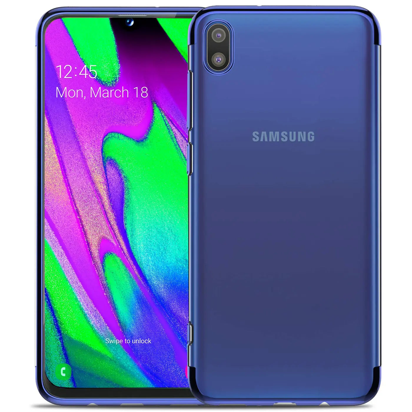 Samsung Galaxy A10 in blauer Hülle, Vorder- und Rückansicht, klare Hülle mit Farbrand.