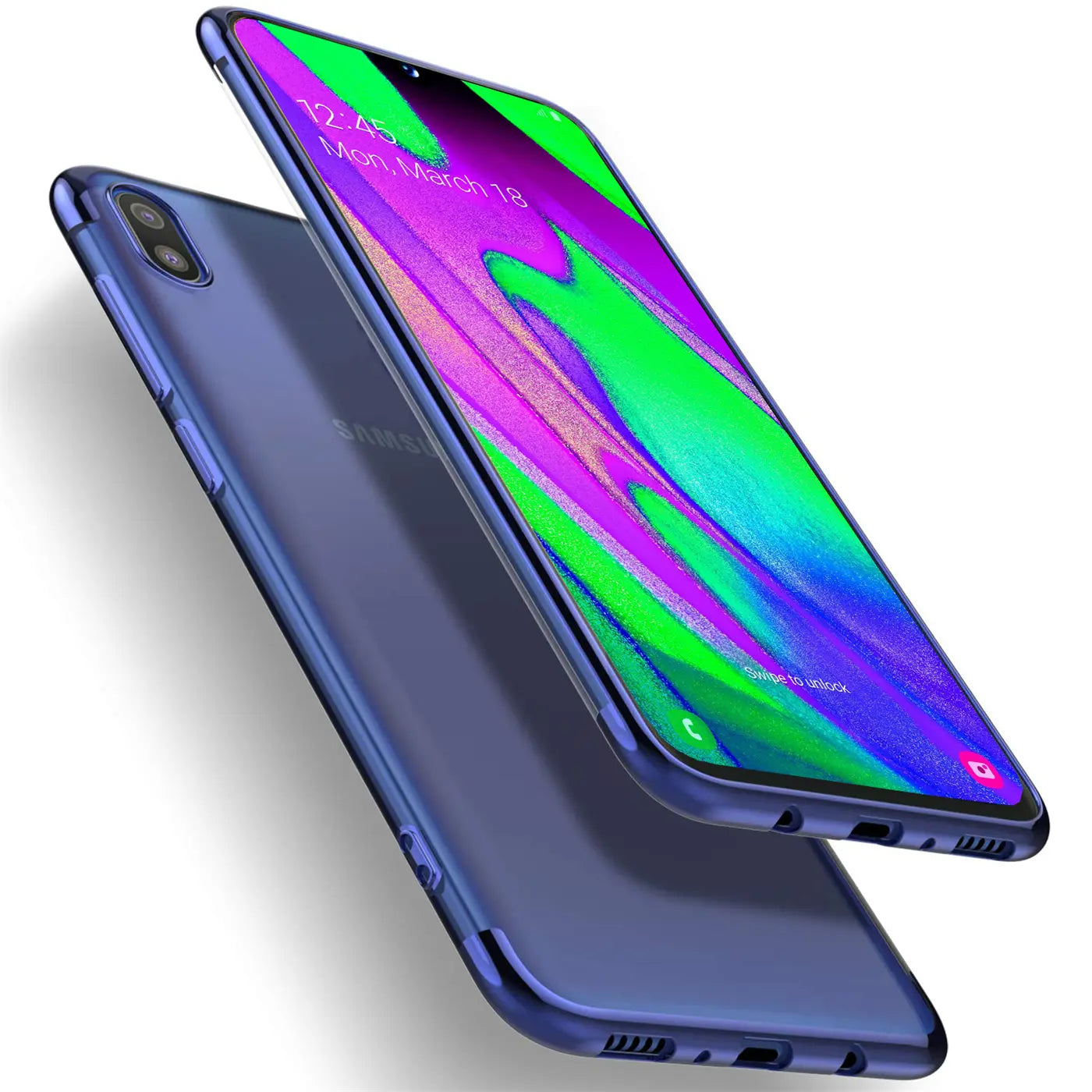 Samsung Galaxy A10 in blauer, transparenter Hülle, von schräg oben, Rückseite und Vorderseite sichtbar.
