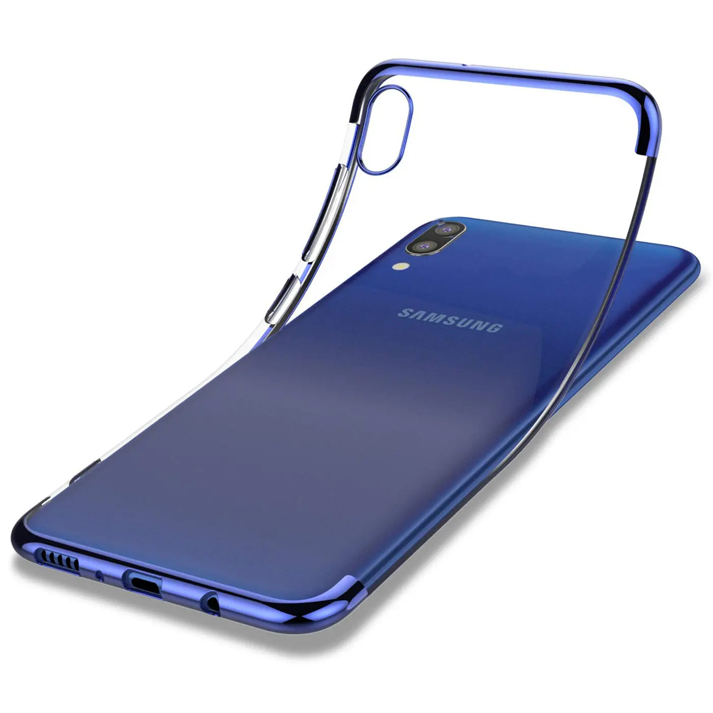 Transparente Hülle mit blauem Rand auf Samsung Galaxy A10, von schräg oben