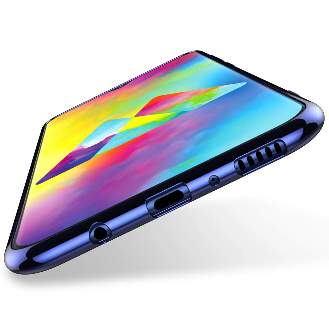 Samsung Galaxy A10 Hülle, blau, transparent, von unten schräg fotografiert.