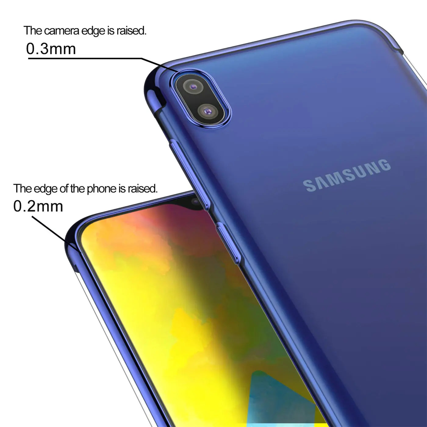 Blaues Samsung Galaxy A10 mit transparenter Hülle, Nahaufnahme von Rückseite und Display.
