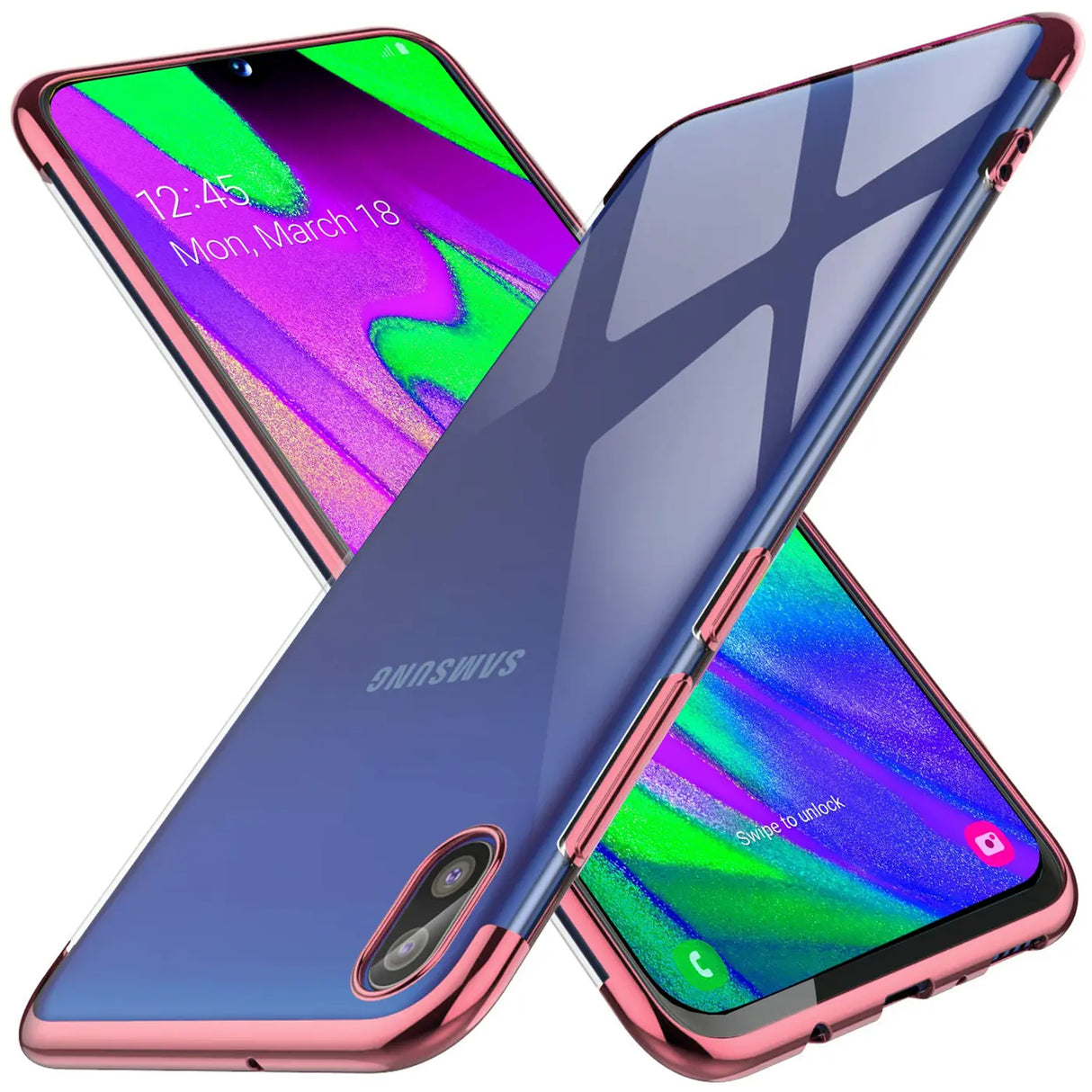 Transparente Handyhülle für Samsung Galaxy A10 mit farblichen Akzenten in Schwarz, Rot, Blau oder Roségold.