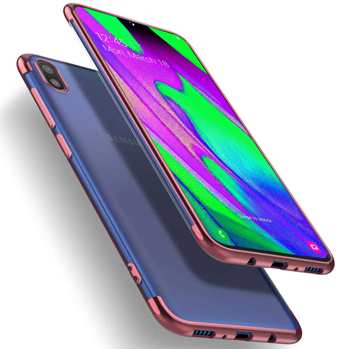 Transparente Handyhülle für Samsung Galaxy A10 mit farblichen Akzenten in Schwarz, Rot, Blau oder Roségold.