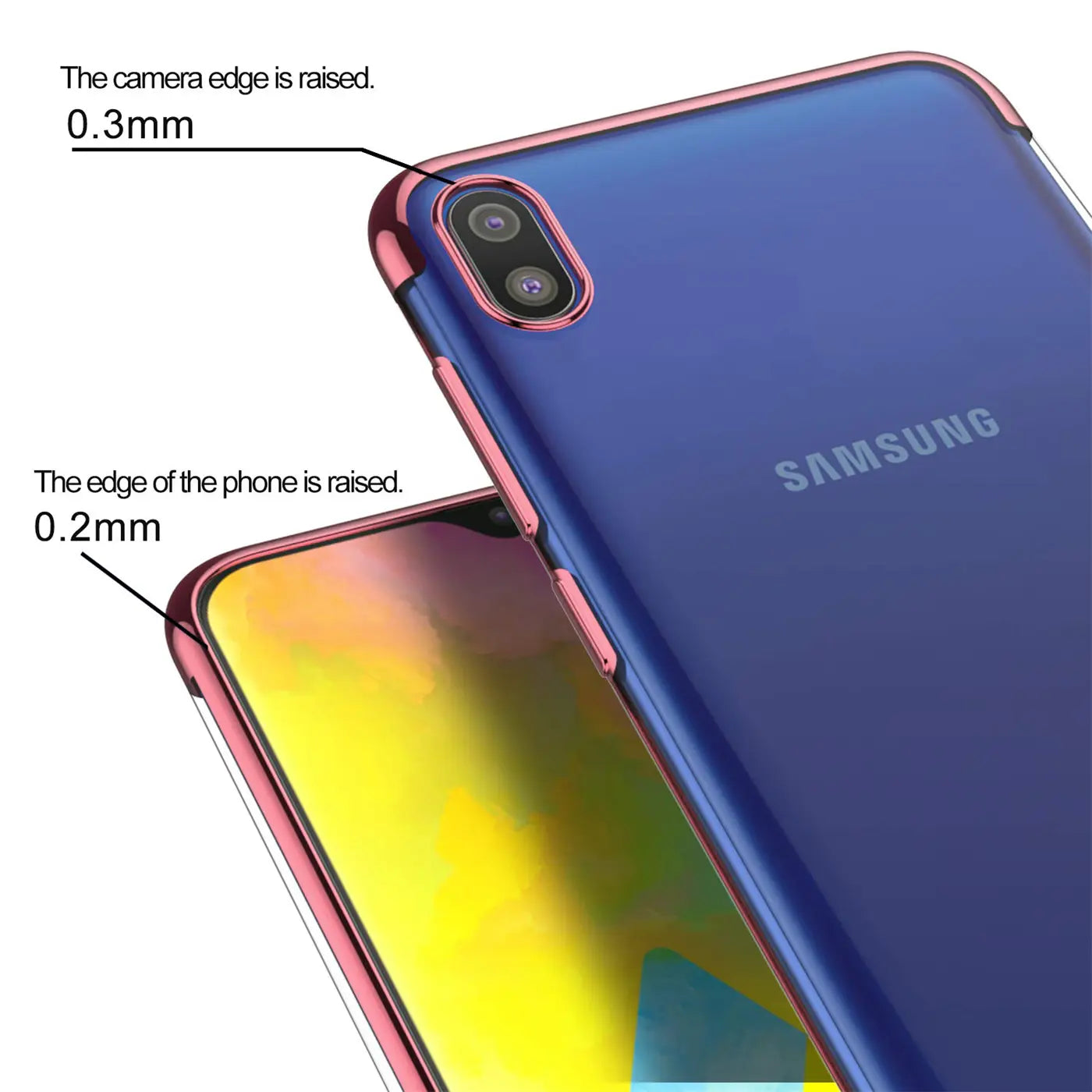 Samsung Galaxy A10 Hülle, transparent mit pinkem Rand, Nahaufnahme, Rückseite und Vorderseite sichtbar.