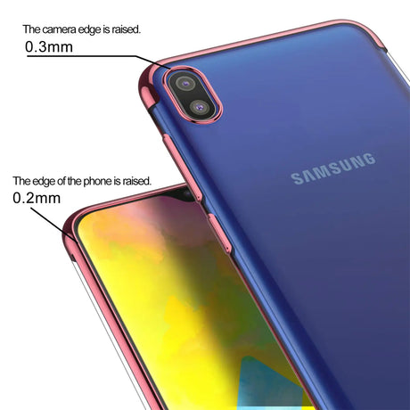 Transparente Handyhülle für Samsung Galaxy A10 mit farblichen Akzenten in Schwarz, Rot, Blau oder Roségold.