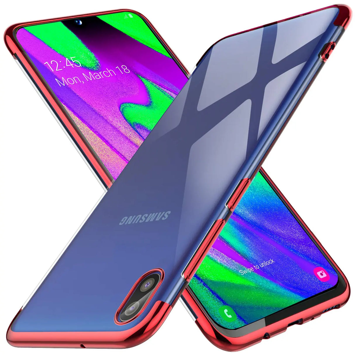 Transparente Handyhülle für Samsung Galaxy A10 mit farblichen Akzenten in Schwarz, Rot, Blau oder Roségold.