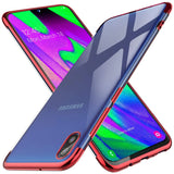 Transparente Handyhülle für Samsung Galaxy A10 mit farblichen Akzenten in Schwarz, Rot, Blau oder Roségold.
