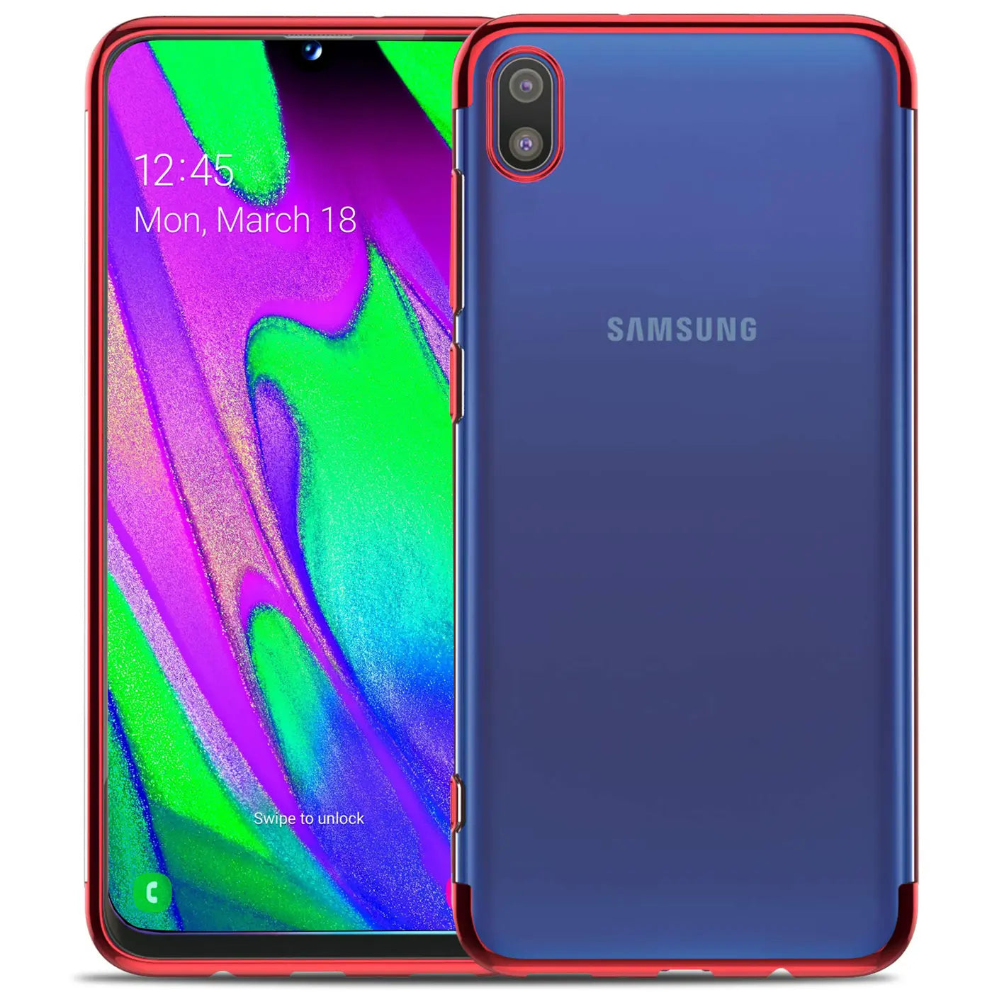 Samsung Galaxy A10 mit roter Hülle, blau transparent, von vorne und hinten gezeigt.