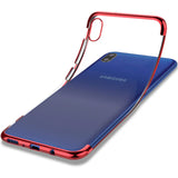 Transparente Handyhülle für Samsung Galaxy A10 mit farblichen Akzenten in Schwarz, Rot, Blau oder Roségold.