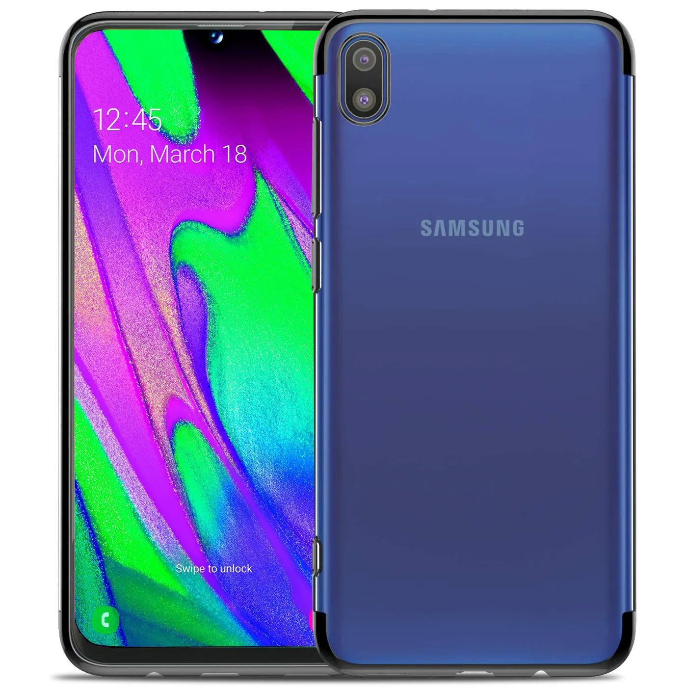 Samsung Galaxy A10 mit blauer Hülle, von vorne und hinten gezeigt, klare Rückseite