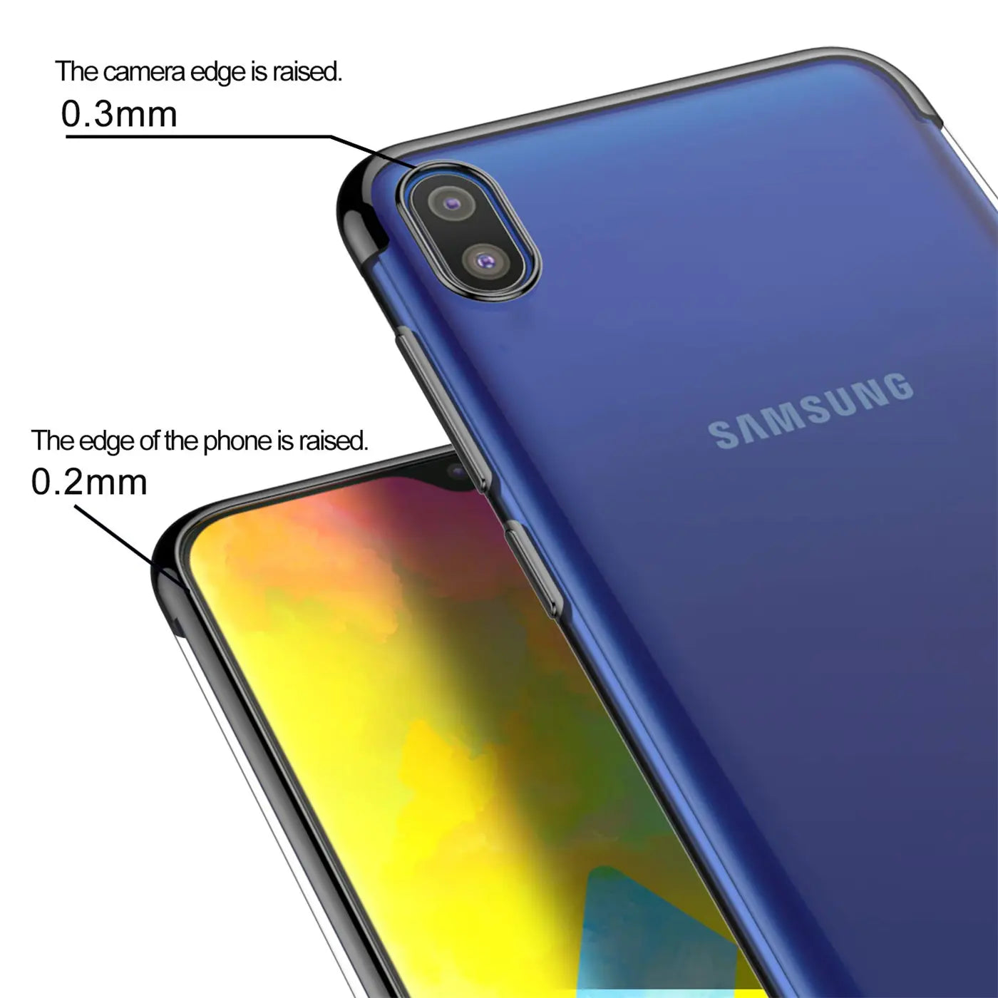 Samsung Galaxy A10 mit transparenter Hülle, Nahaufnahme, blaue Rückseite, Kamera.