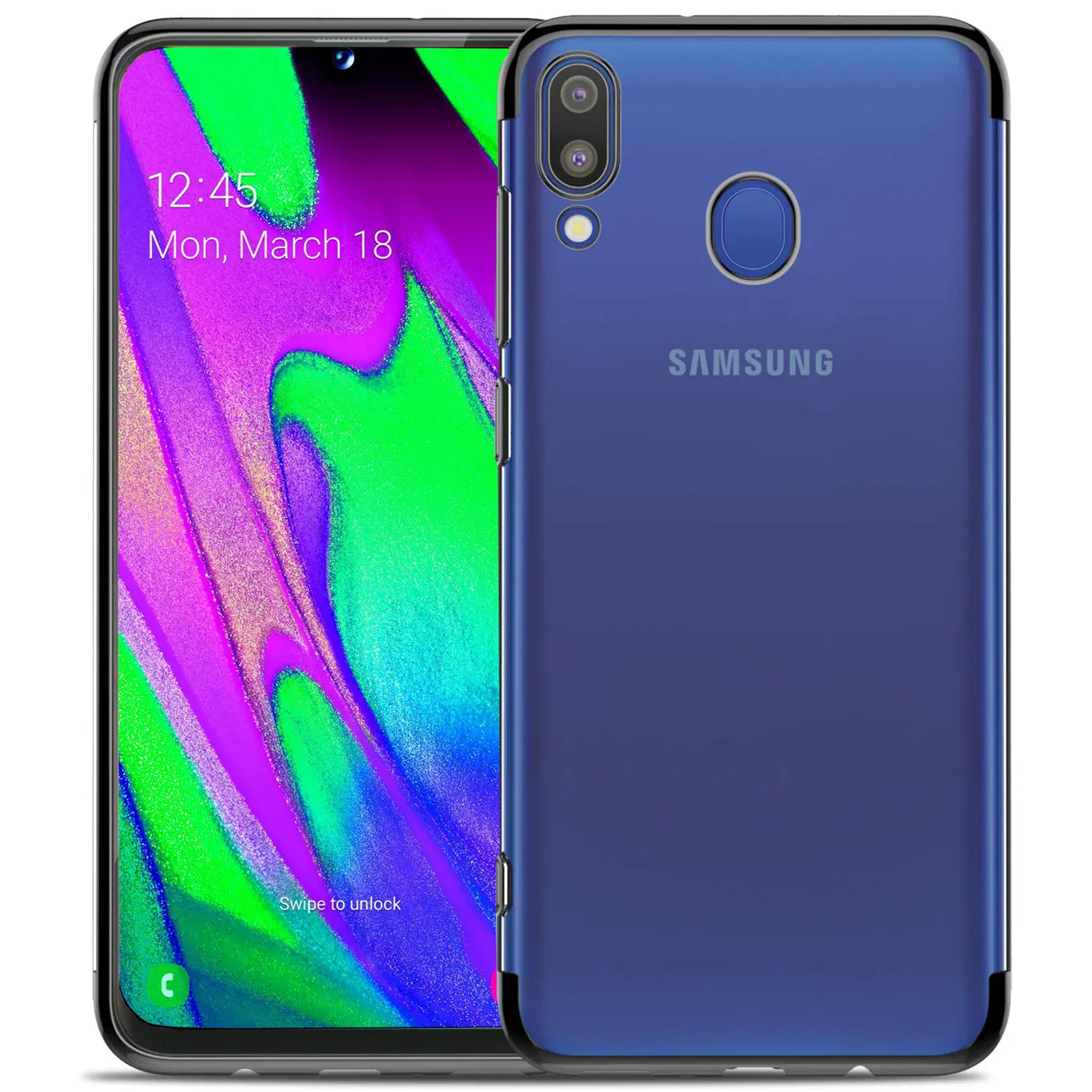 Samsung Galaxy A20e in blauer Hülle, von vorne und hinten gezeigt, aus Kunststoff.