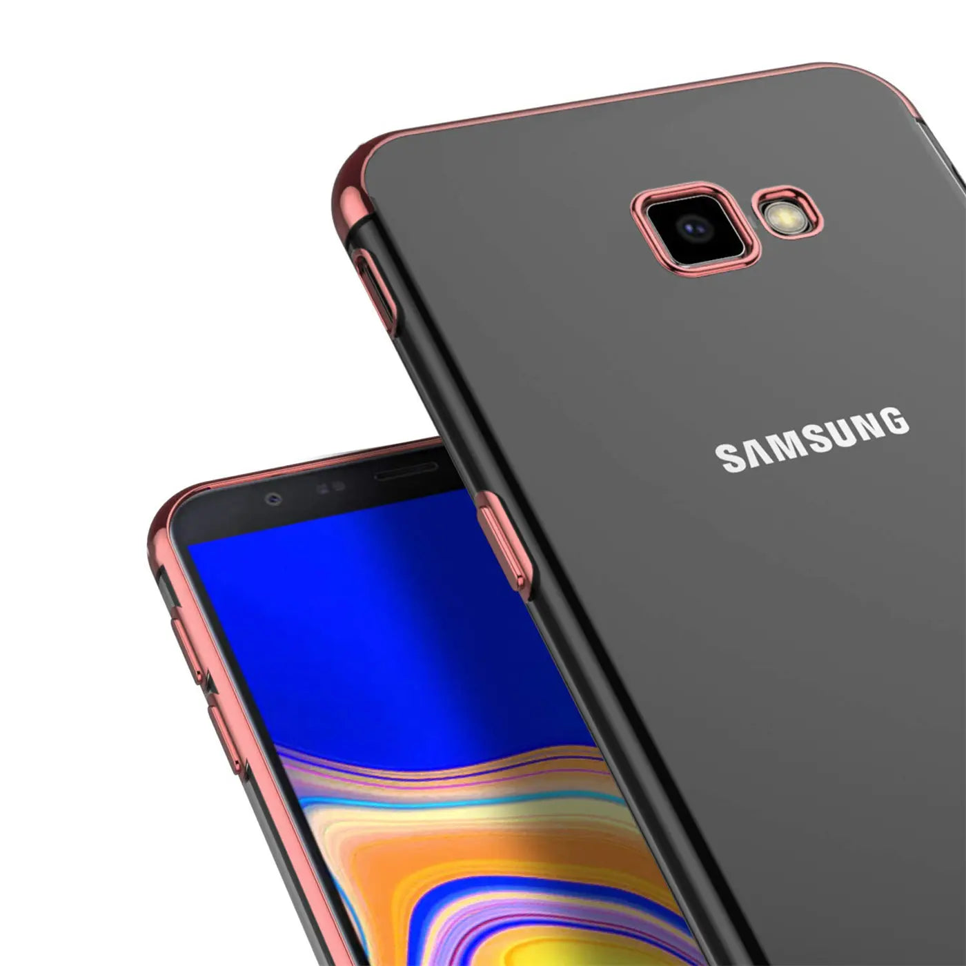 Samsung Galaxy A3 2017 in transparenter Hülle mit roségoldenem Rand, von schräg oben