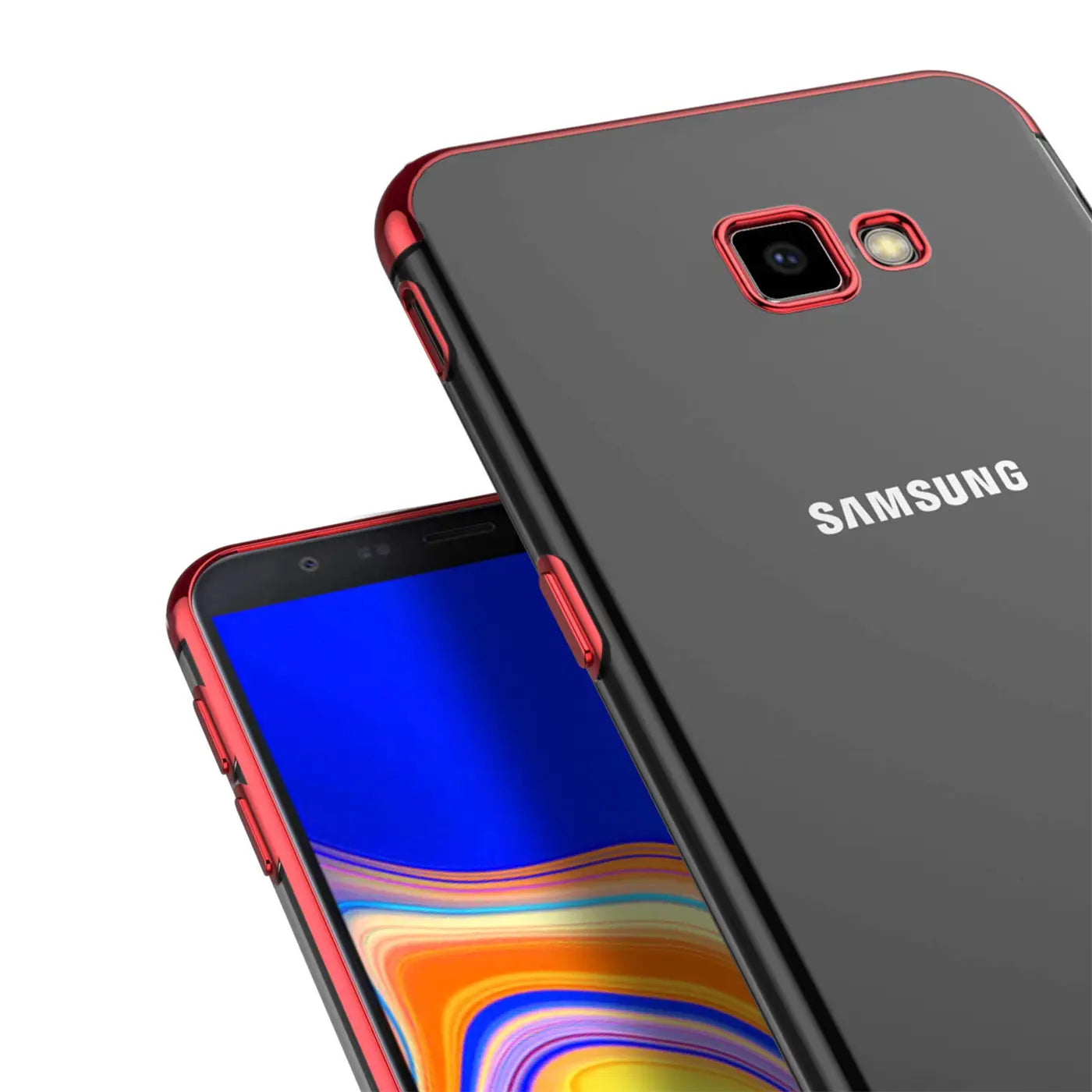 Samsung Galaxy A3 2017 Hülle, transparent mit rotem Rand, von vorne und hinten gezeigt.