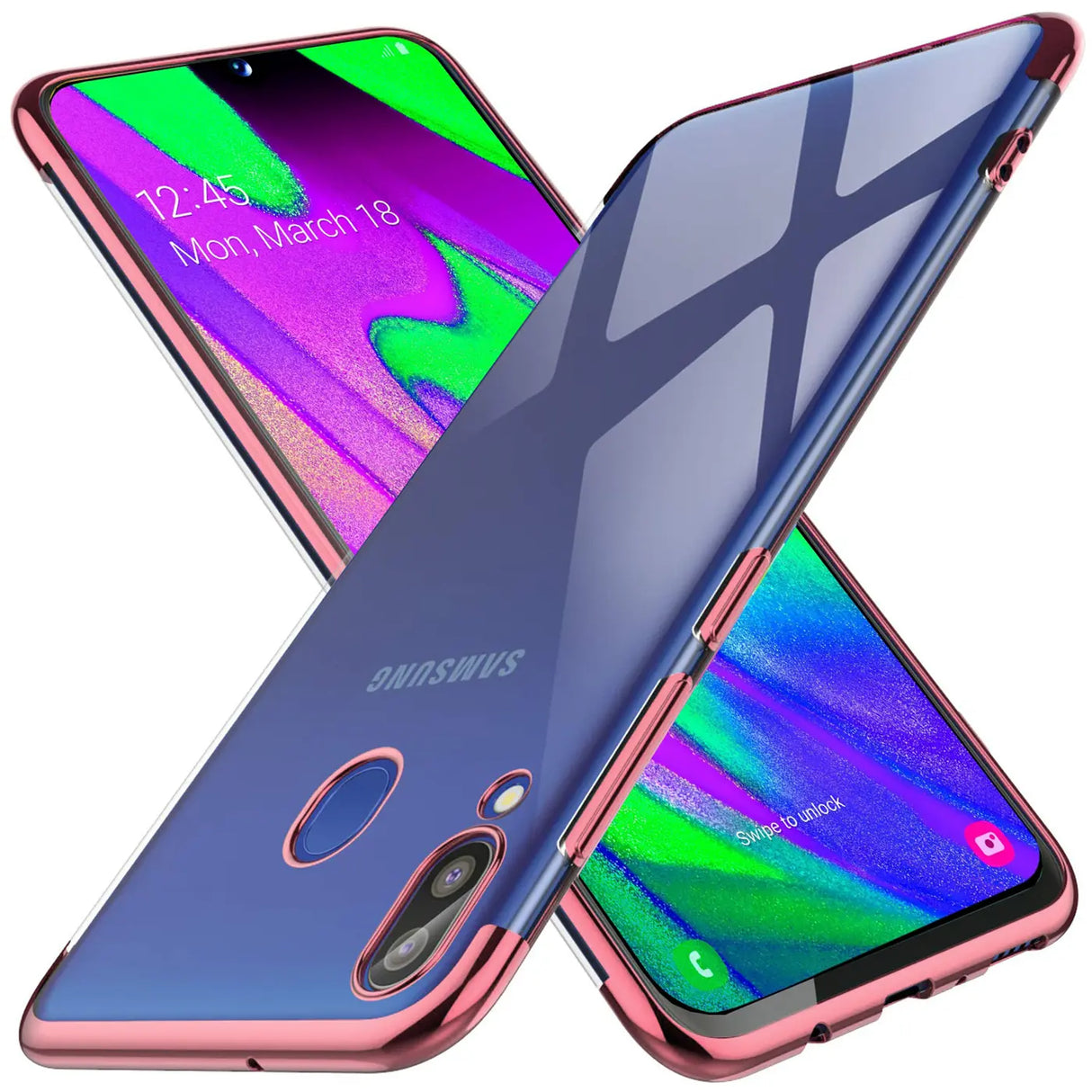 Transparente Handyhülle für Samsung Galaxy A40 mit farblichen Akzenten in Schwarz, Rot, Blau oder Roségold.