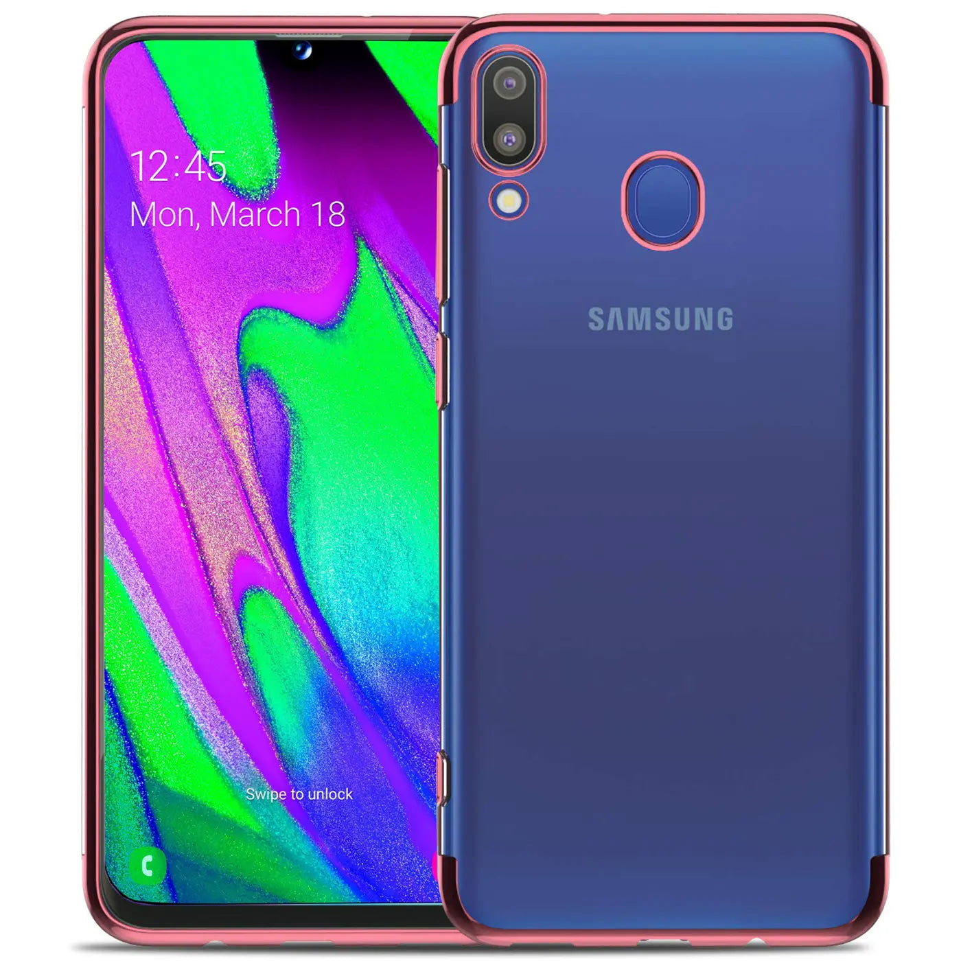 Samsung Galaxy A40 in blauer Hülle mit rotem Rand, von vorne und hinten gezeigt.