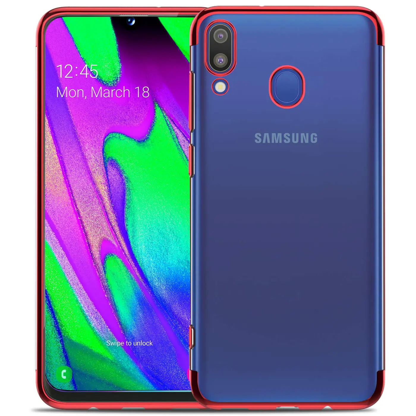 Samsung Galaxy A40 Hülle, transparent blau mit rotem Rand, von vorne und hinten gezeigt