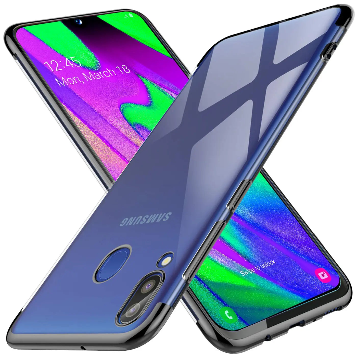 Blaue, transparente Hülle aus Kunststoff, schräg von oben, zeigt Samsung Galaxy A40.