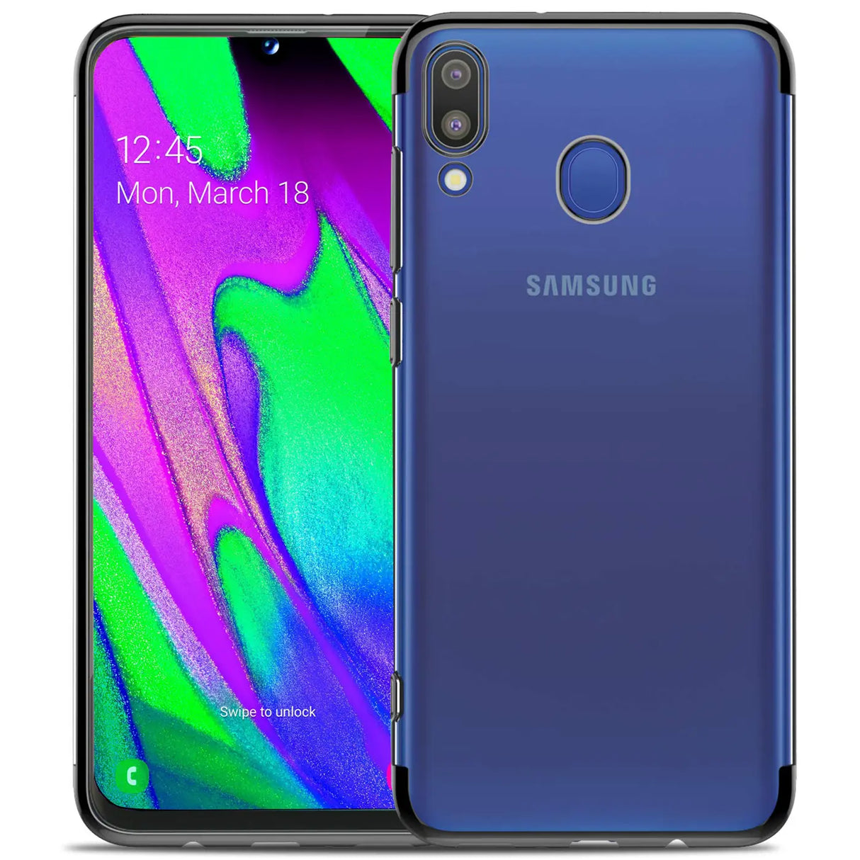 Transparente Handyhülle für Samsung Galaxy A40 mit farblichen Akzenten in Schwarz, Rot, Blau oder Roségold.
